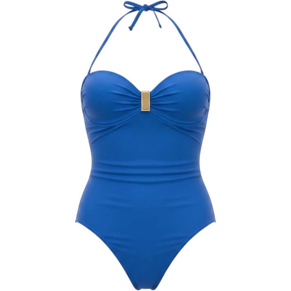Merona Womens Blue Halter One Piece Swimsuit Gold‎ Hardware NWT Size L